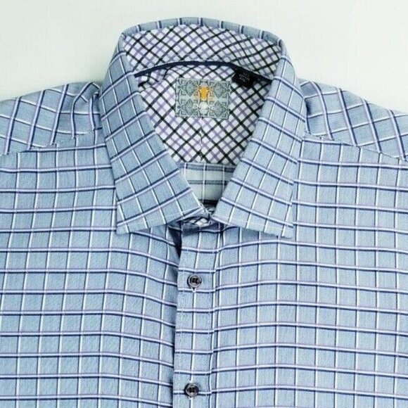 Enzone 2XL Men's Gray White Blue Purple Trim Check Long Sleeve Cotton Shirt - Picture 8 of 8